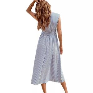 Ladies V-Neck Swing Midi Dress Sundress Women Blue Stripe Sleeveless dress